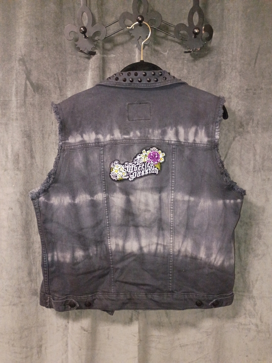 Jackets & Blazers - Two Wheeled Passion Sleeveless Tie-Dye Black Denim Vest w Studded Collar Size L
